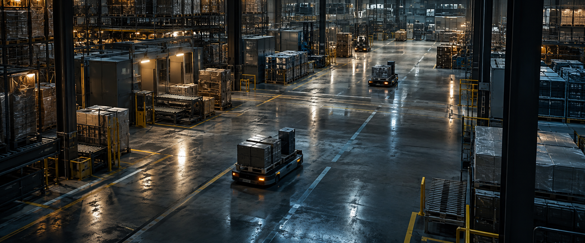 Autonomous mobile robots carrying goods across a warehouse floor